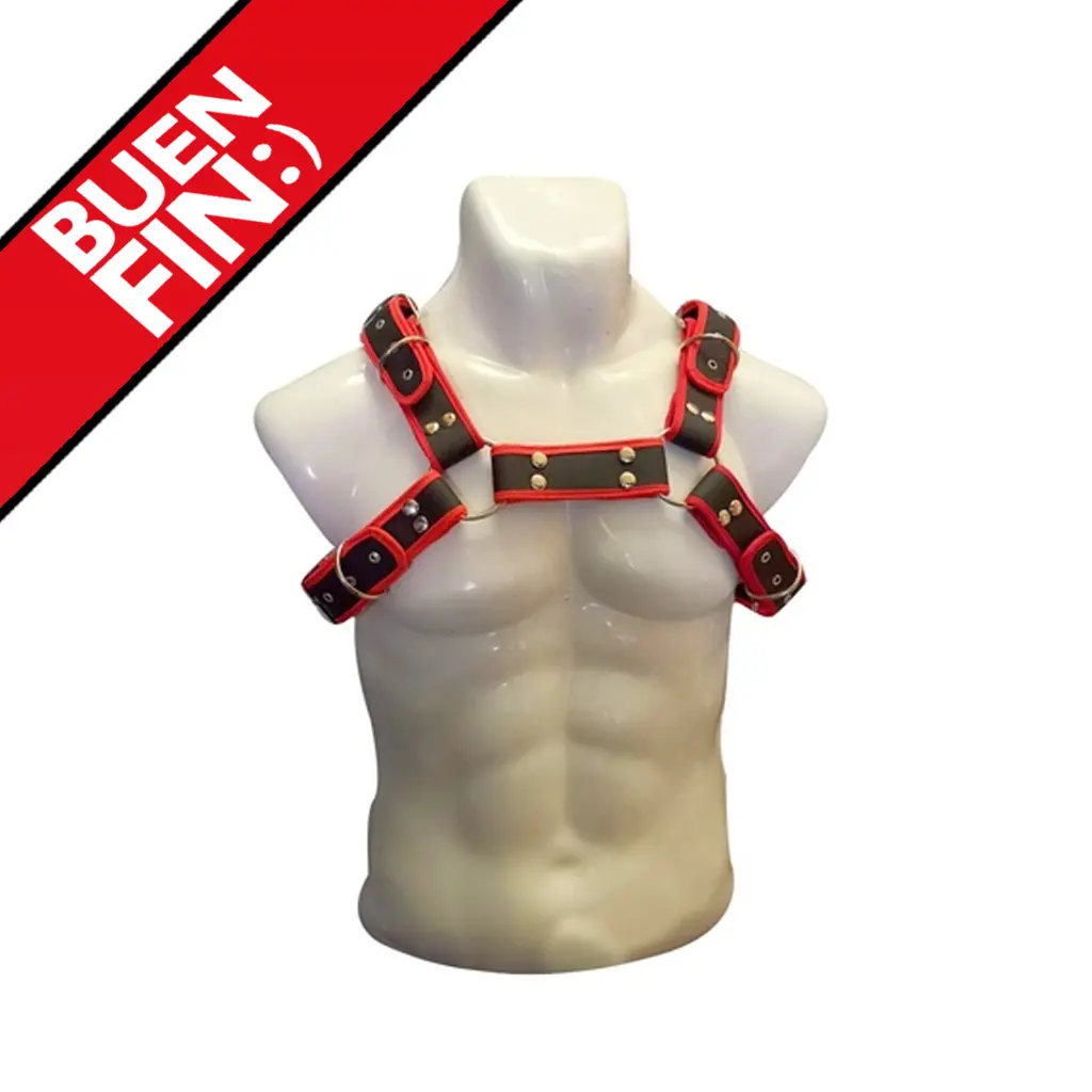 JUGUETES - PECHERA DE CUERO PARA HOMBRE -  ROJO CON NEGRO